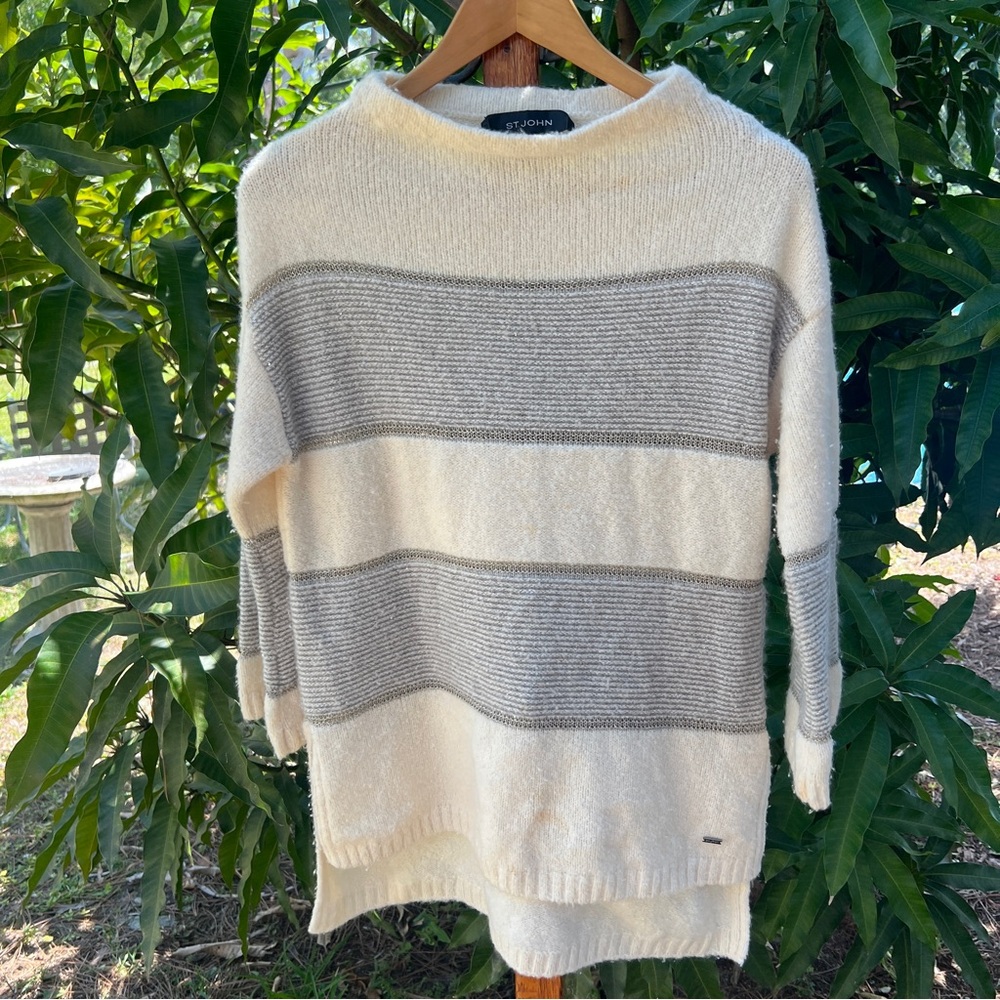 St John Sweater Cashmere Blnd Cream Stripe Stone Links Knit Funnel Neck Small